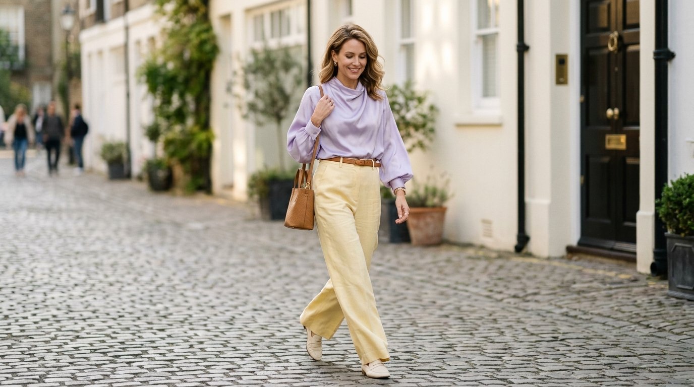 Ejemplo de estilo botánico con blusa lavanda y pantalón amarillo mantequilla